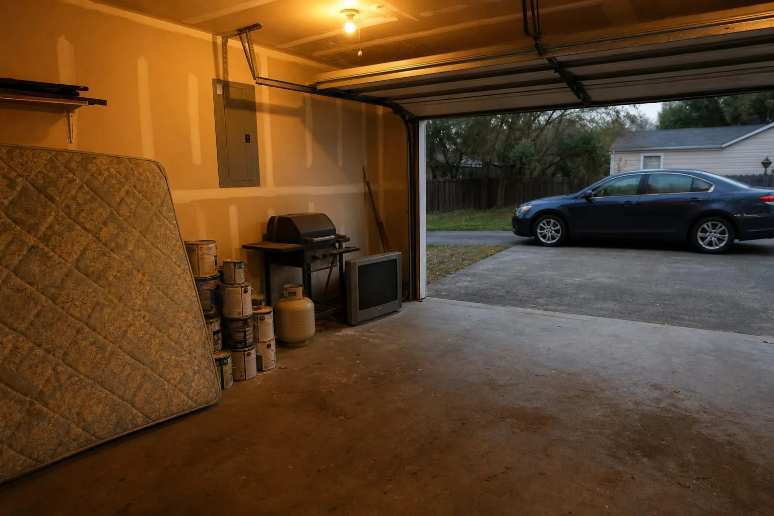 A residential garage corner holding a leaning mattress, a stack of paint cans, an old propane grill cylinder and a boxy television set, with a car parked out...