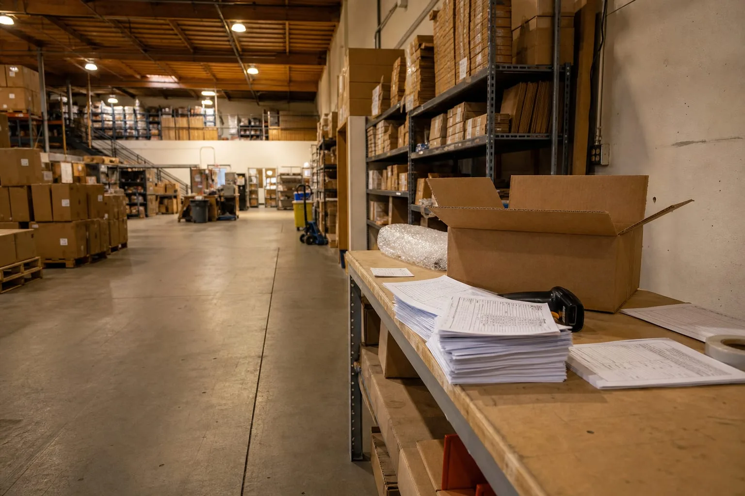 A stack of fulfillment warehouse paperwork on a packing bench beside a partially opened shipping carton and a handheld barcode scanner