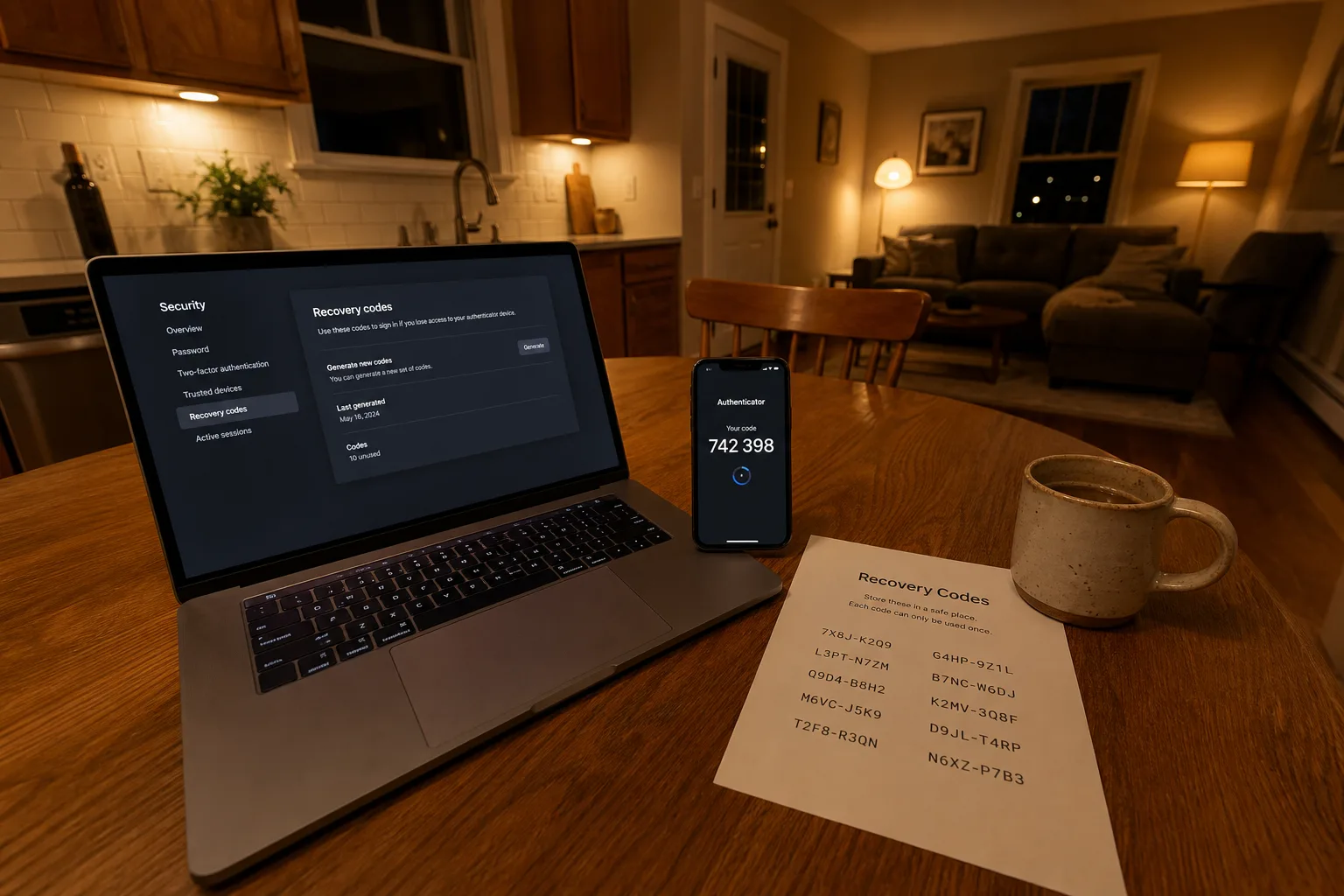 A kitchen table at night with a laptop showing an account security settings screen, a phone displaying a six-digit authentication code, and a printed sheet o...