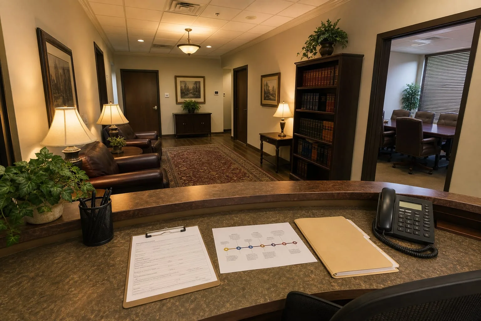 A reception desk at a small law office with an intake form on a clipboard, a printed one-page timeline, and a labeled document folder beside a desk phone