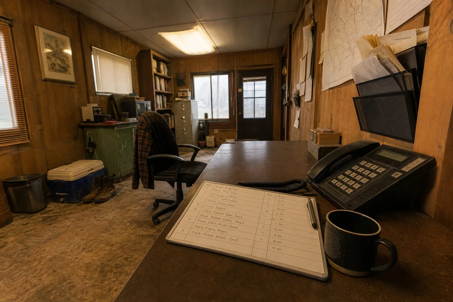 A small whiteboard or paper route sheet in a contractor's office listing addresses and job times, with a phone and a coffee cup beside it