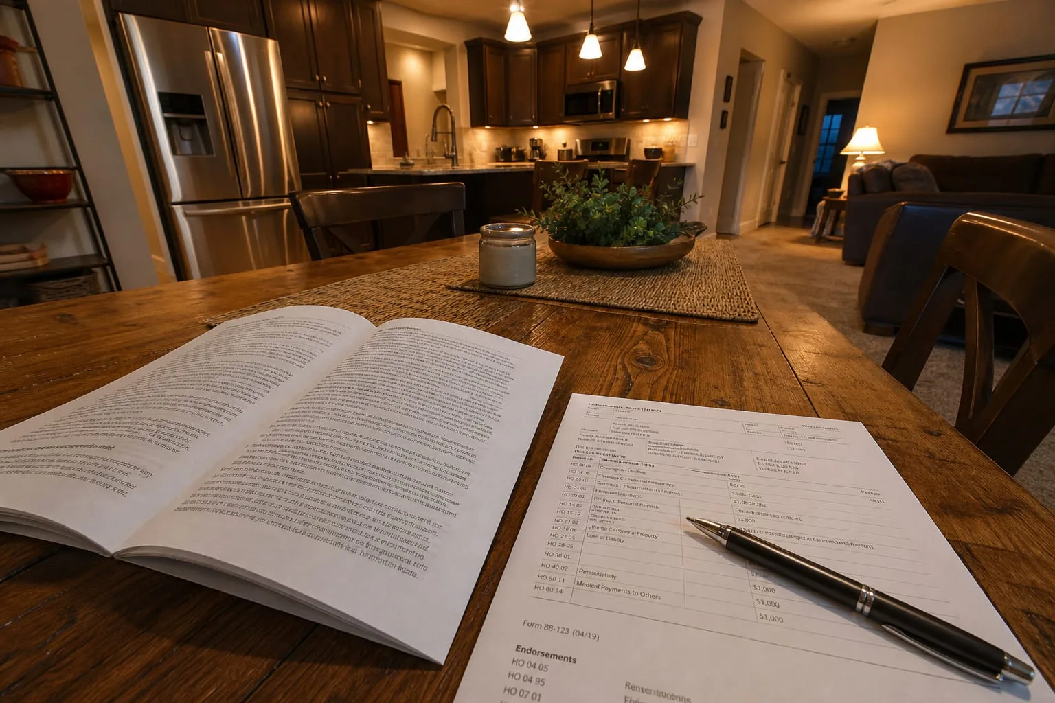 A homeowners insurance policy booklet open on a kitchen table beside a declarations page, with form numbers and endorsement codes visible in small print, a p...