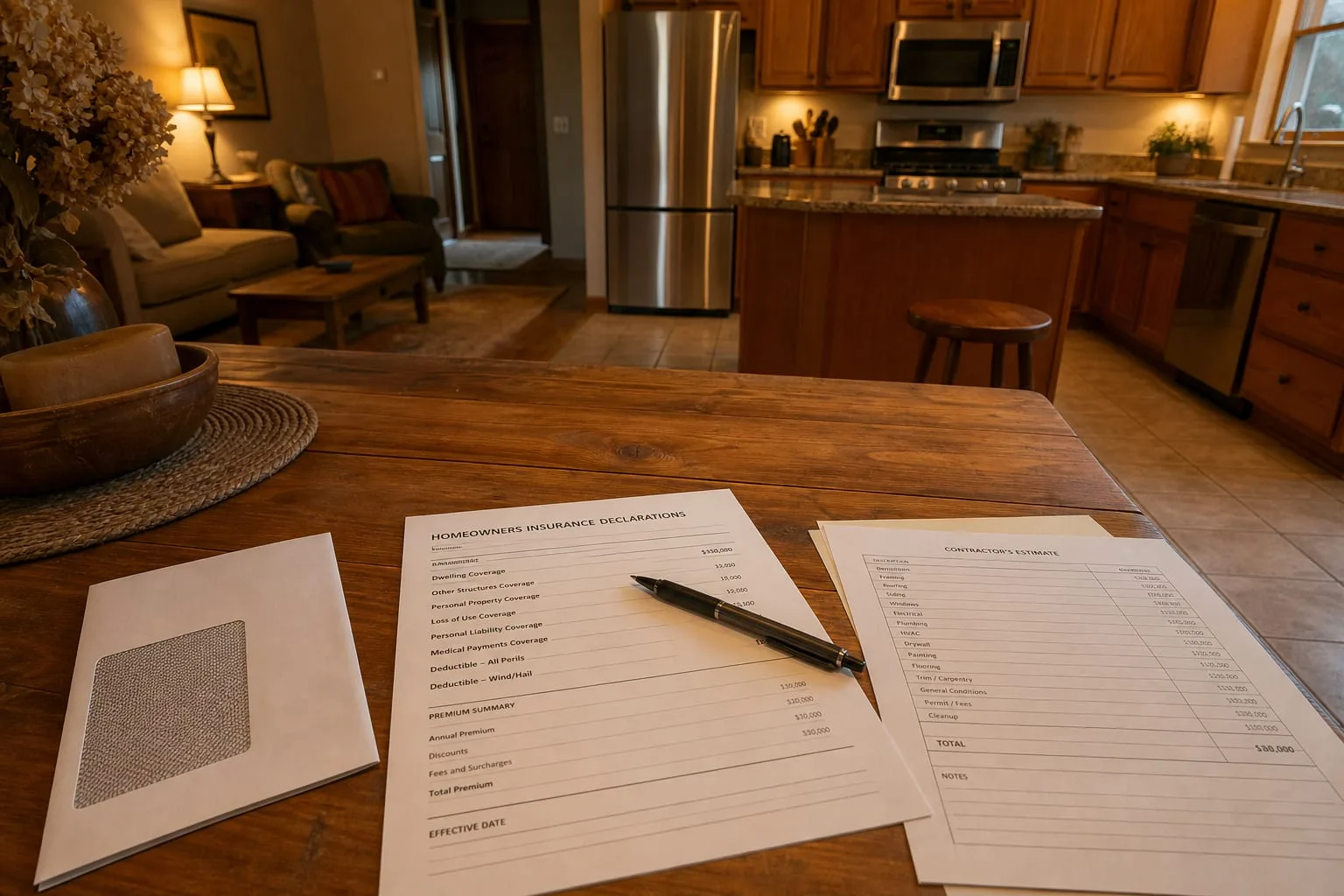 A homeowners insurance declarations page on a kitchen table beside a folded renewal envelope and a contractor's written estimate, with a pen resting on the d...