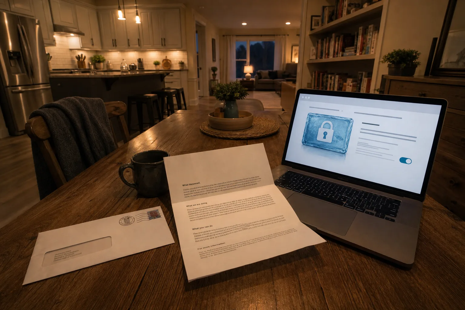 An opened breach notification letter on a kitchen table beside a laptop showing a credit freeze page, with the envelope and postmark visible