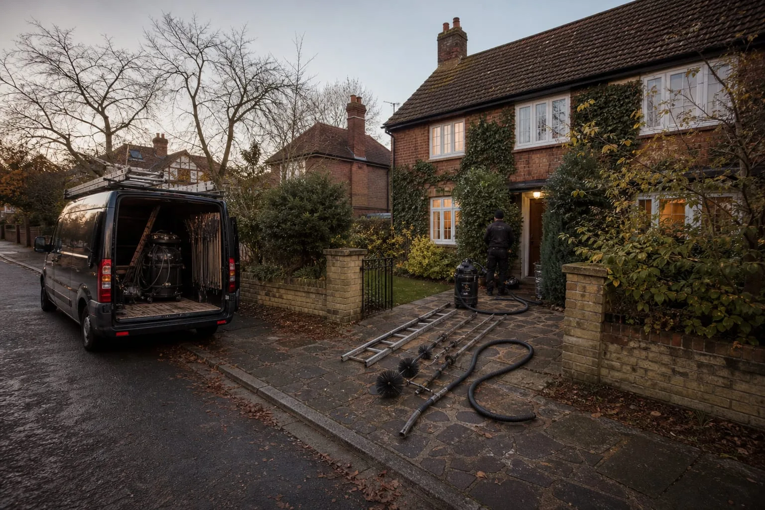 A chimney sweep's van parked at the curb of an older suburban house, with ladders, brushes and a vacuum hose laid out on the driveway