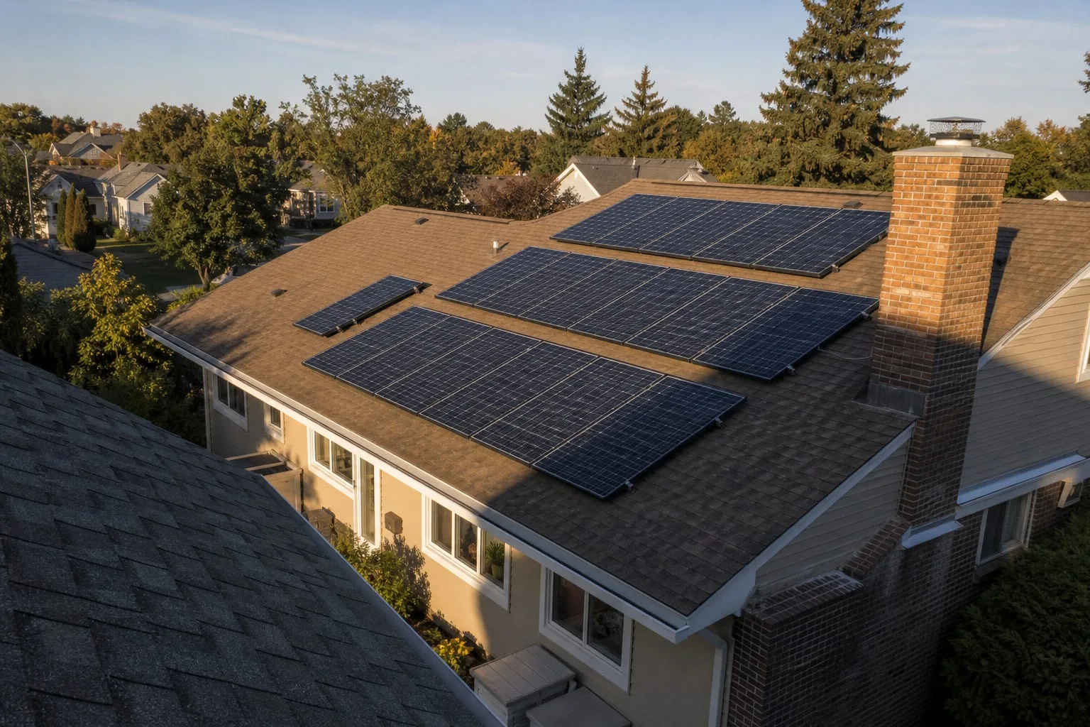 A residential solar array on an asphalt shingle roof with a chimney casting an afternoon shadow across part of the panels, seen from an adjacent rooftop