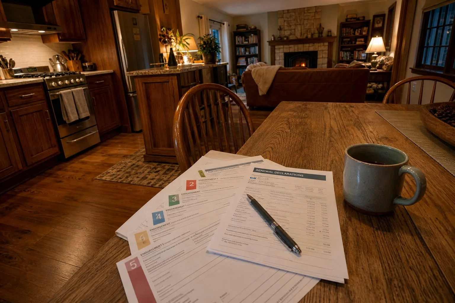 A kitchen table with an opened insurance renewal packet spread out, declarations page on top and several numbered endorsement forms fanned beneath it, a pen...