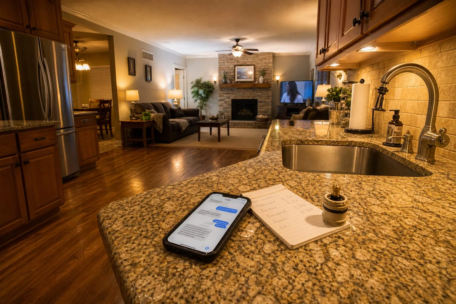 A homeowner's phone on a kitchen counter showing a text message thread, beside a handwritten estimate on a small notepad and a replaced faucet cartridge