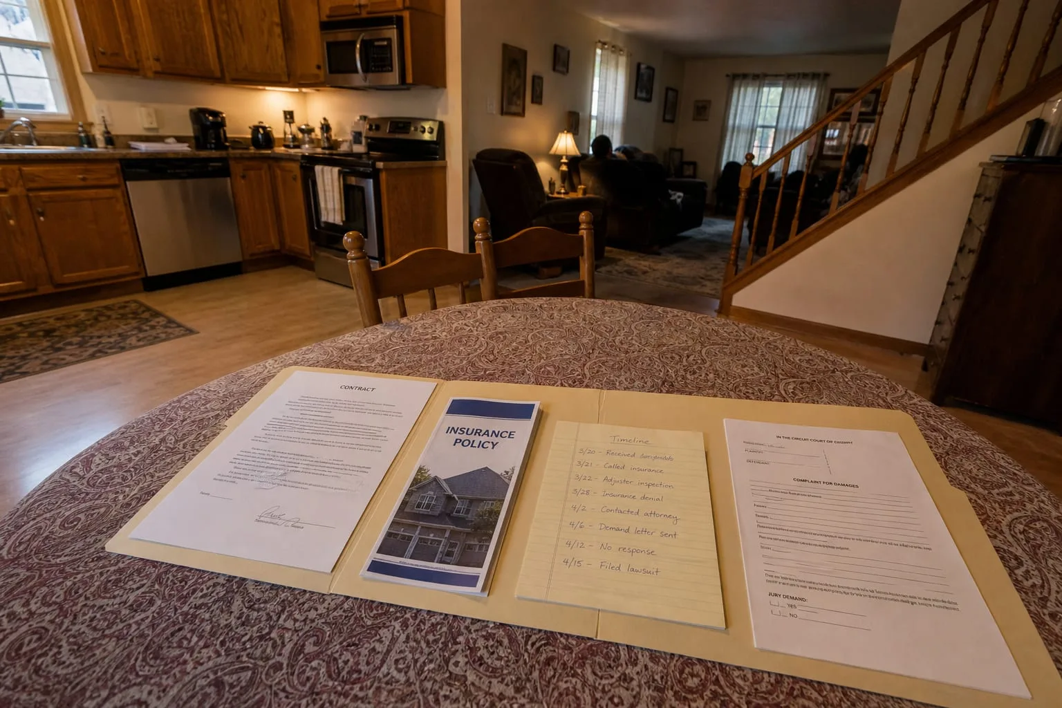 A manila folder open on a kitchen table holding a signed contract, an insurance policy booklet, a handwritten dated timeline on lined paper, and a court fili...
