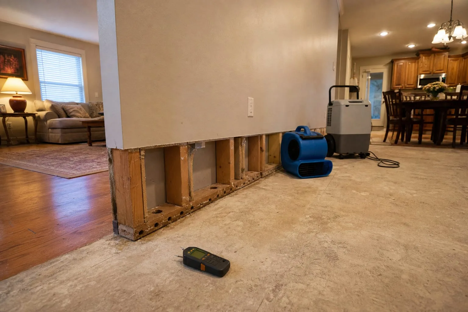 A residential wall with baseboard removed and small drilled holes at the bottom plate, an air mover and a dehumidifier running on the floor beside it, and a...