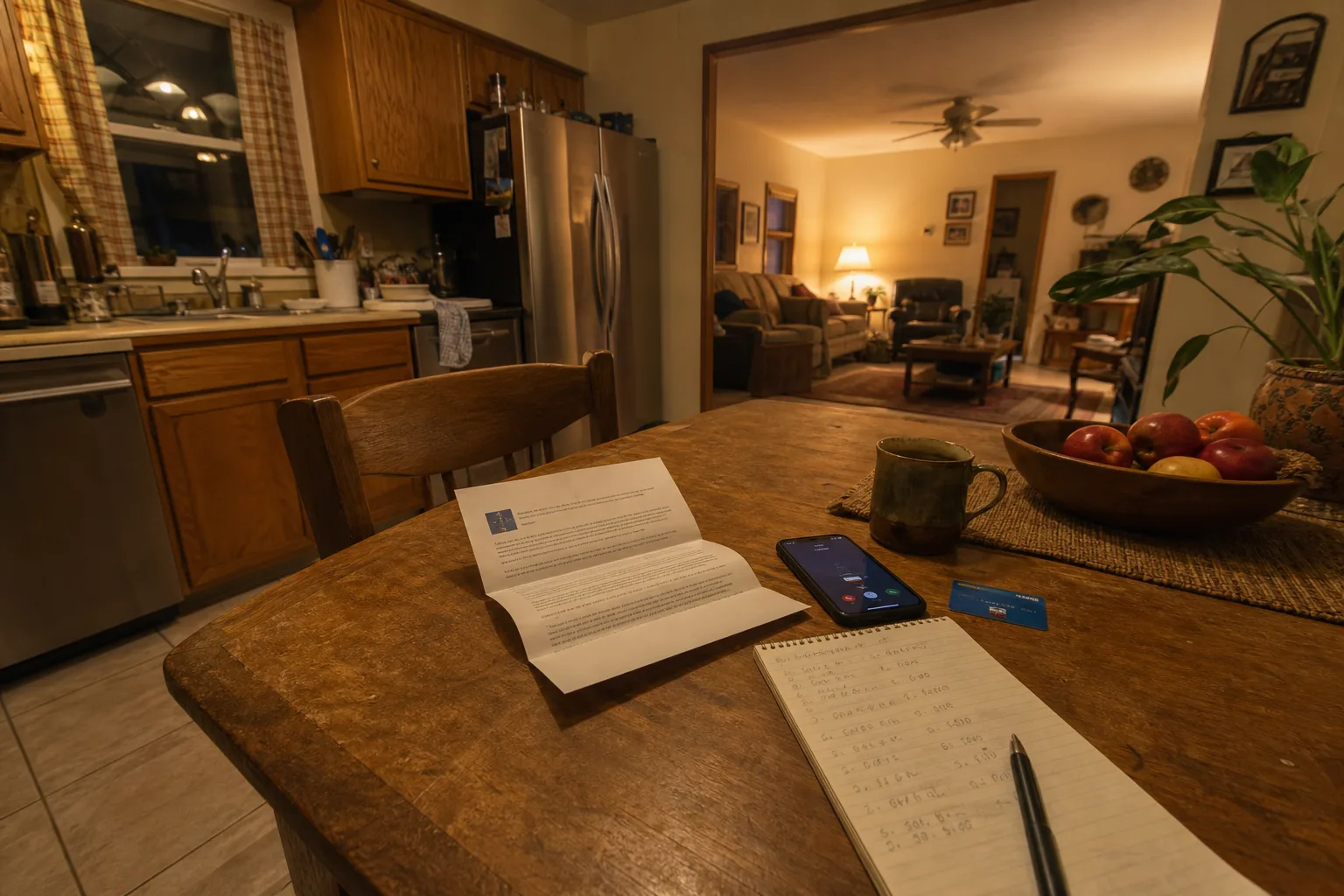 A kitchen table with an opened data breach notification letter, a cell phone on speaker, a debit card, and a handwritten list of phone numbers on a notepad