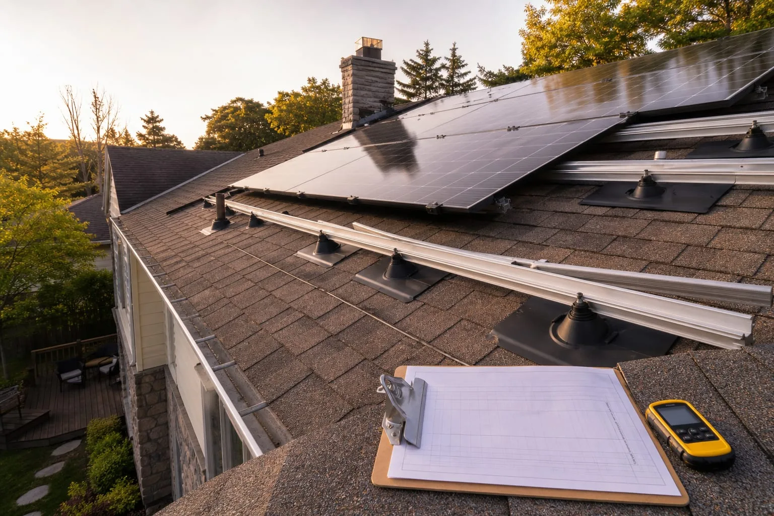 A residential asphalt shingle roof with a partially installed solar array, mounting rails and flashed penetrations visible on the exposed section, and an ins...
