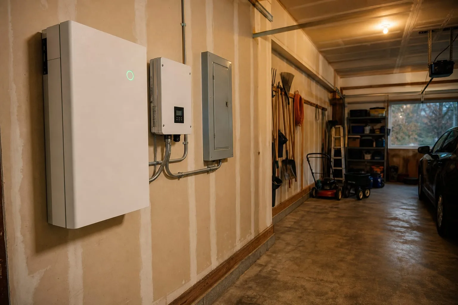 A wall-mounted home battery unit installed in a garage next to an older string inverter and a gray electrical service panel, with conduit running between them