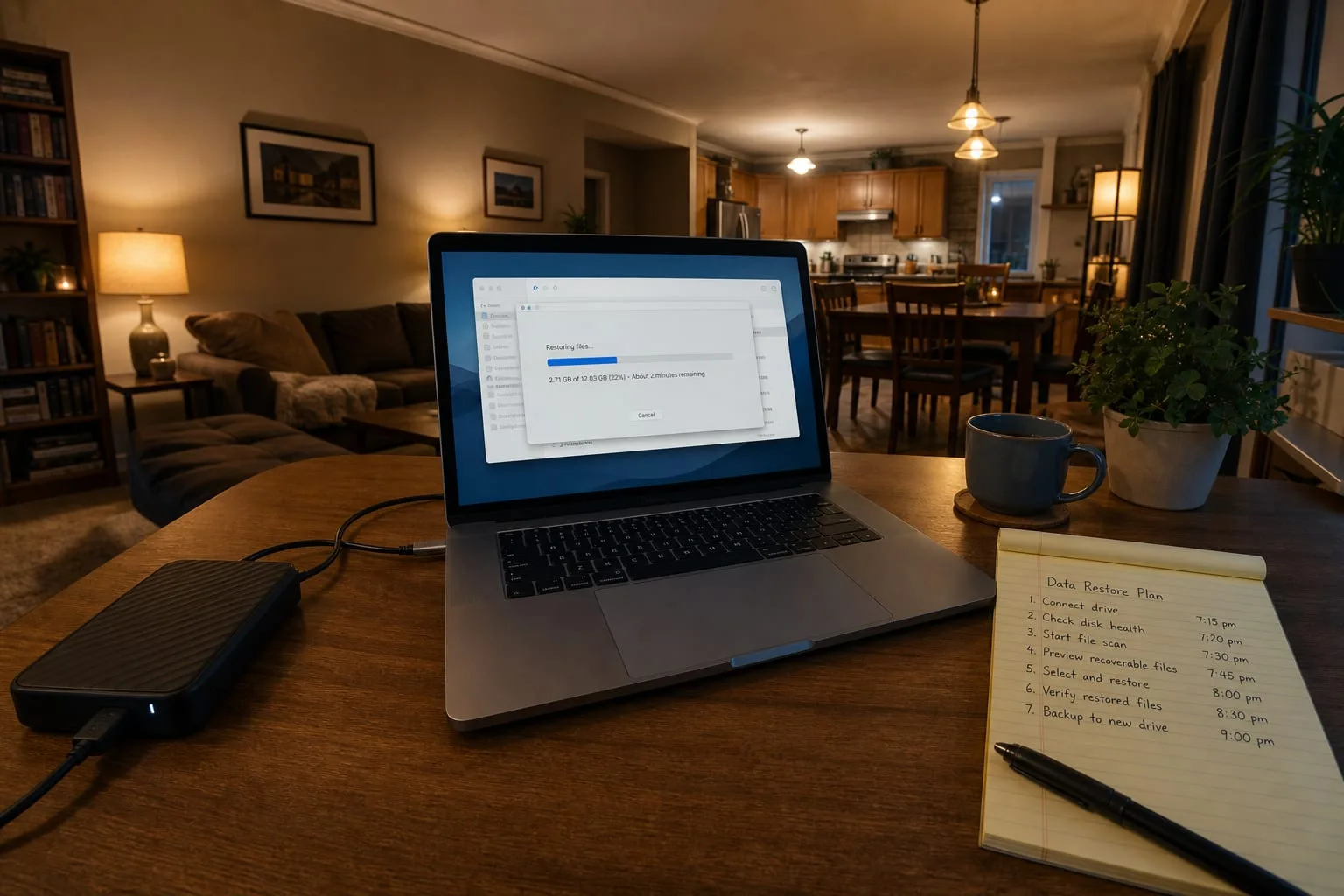 A laptop on a desk beside an external hard drive, screen showing a file restore progress window, with a handwritten notepad listing steps and times next to it