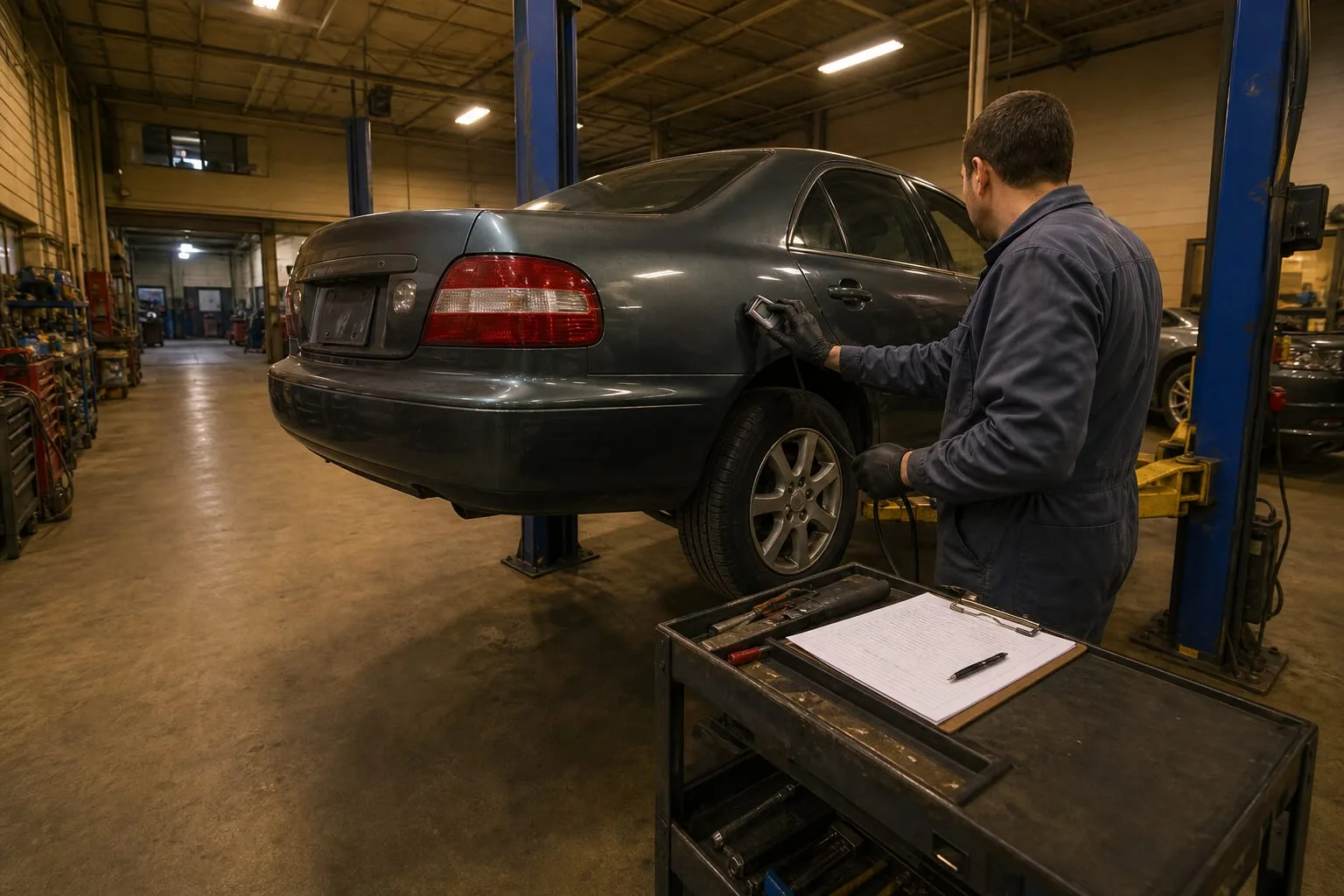 A used sedan raised on a repair shop lift with a technician holding a paint thickness gauge against the rear quarter panel, clipboard of handwritten readings...