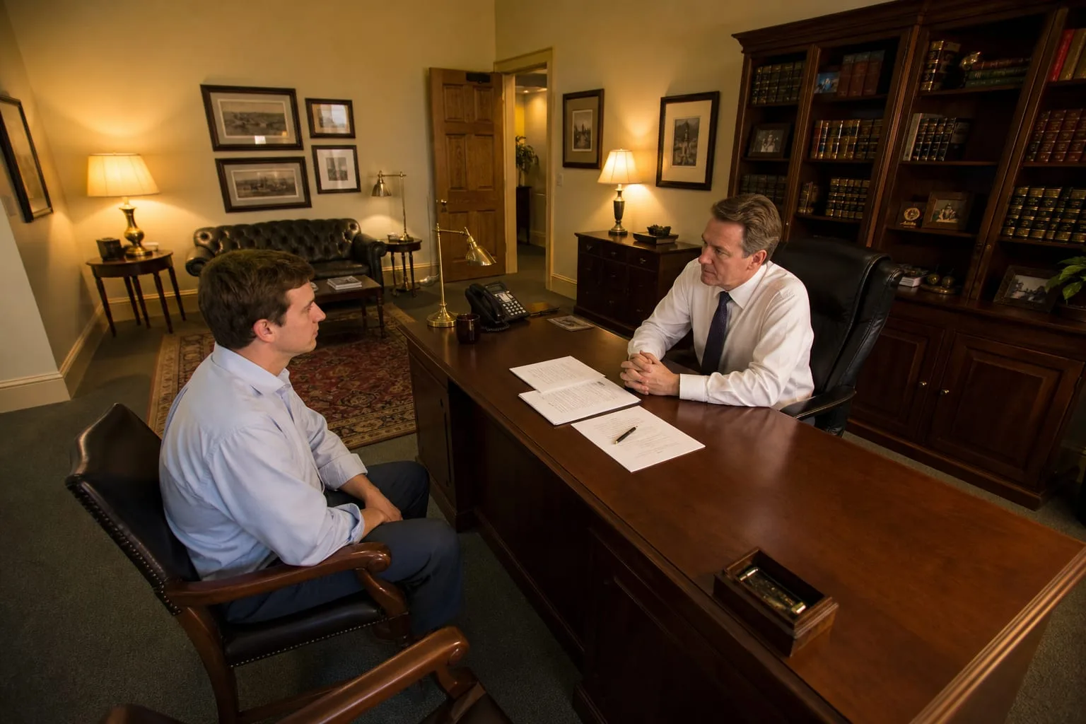 A client and an attorney seated across a desk with a printed engagement letter between them, a pen resting on the fee schedule page
