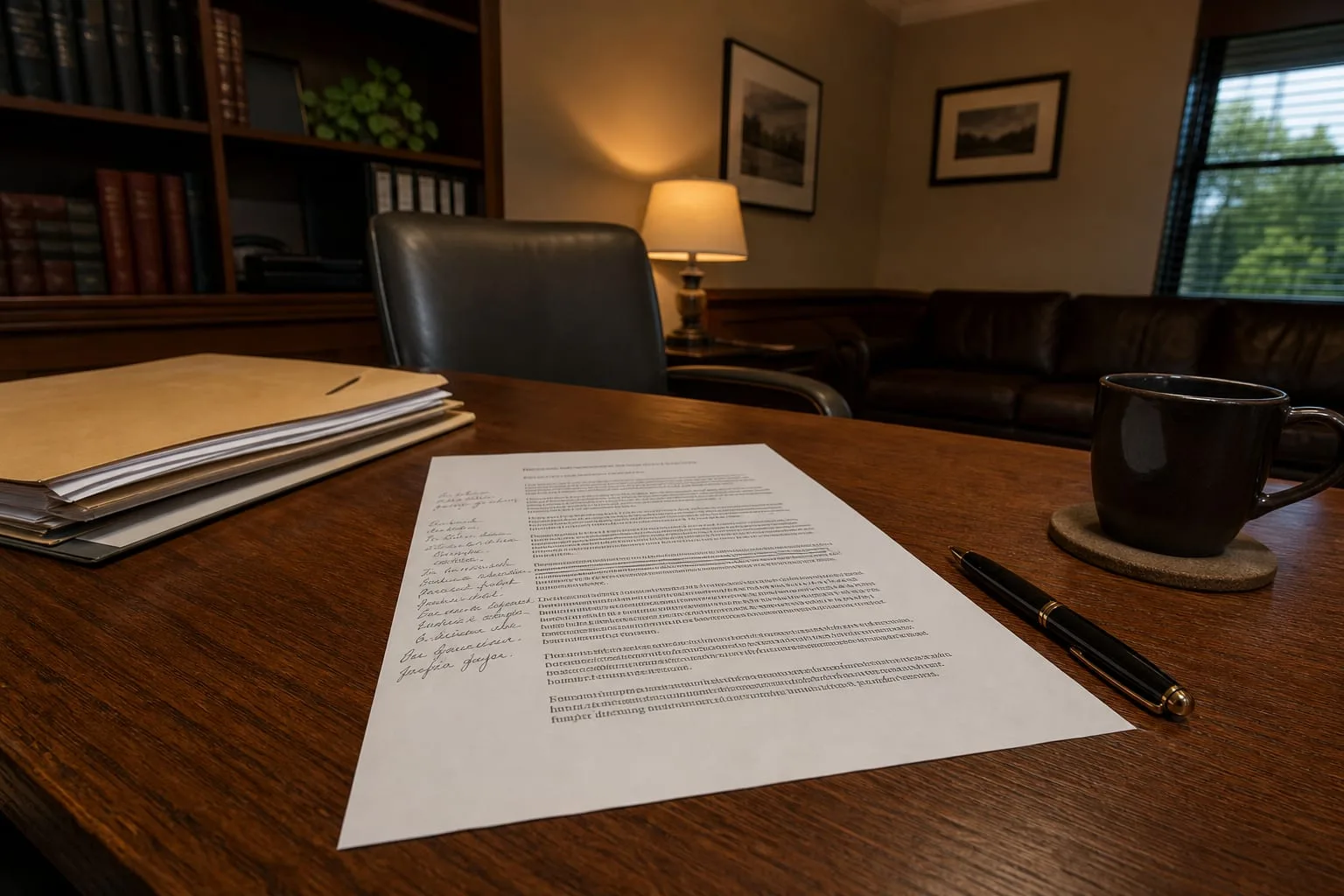 A single-page legal fee engagement letter on a wooden desk beside a pen, a folder of documents, and a coffee cup, with handwritten notes in the margin