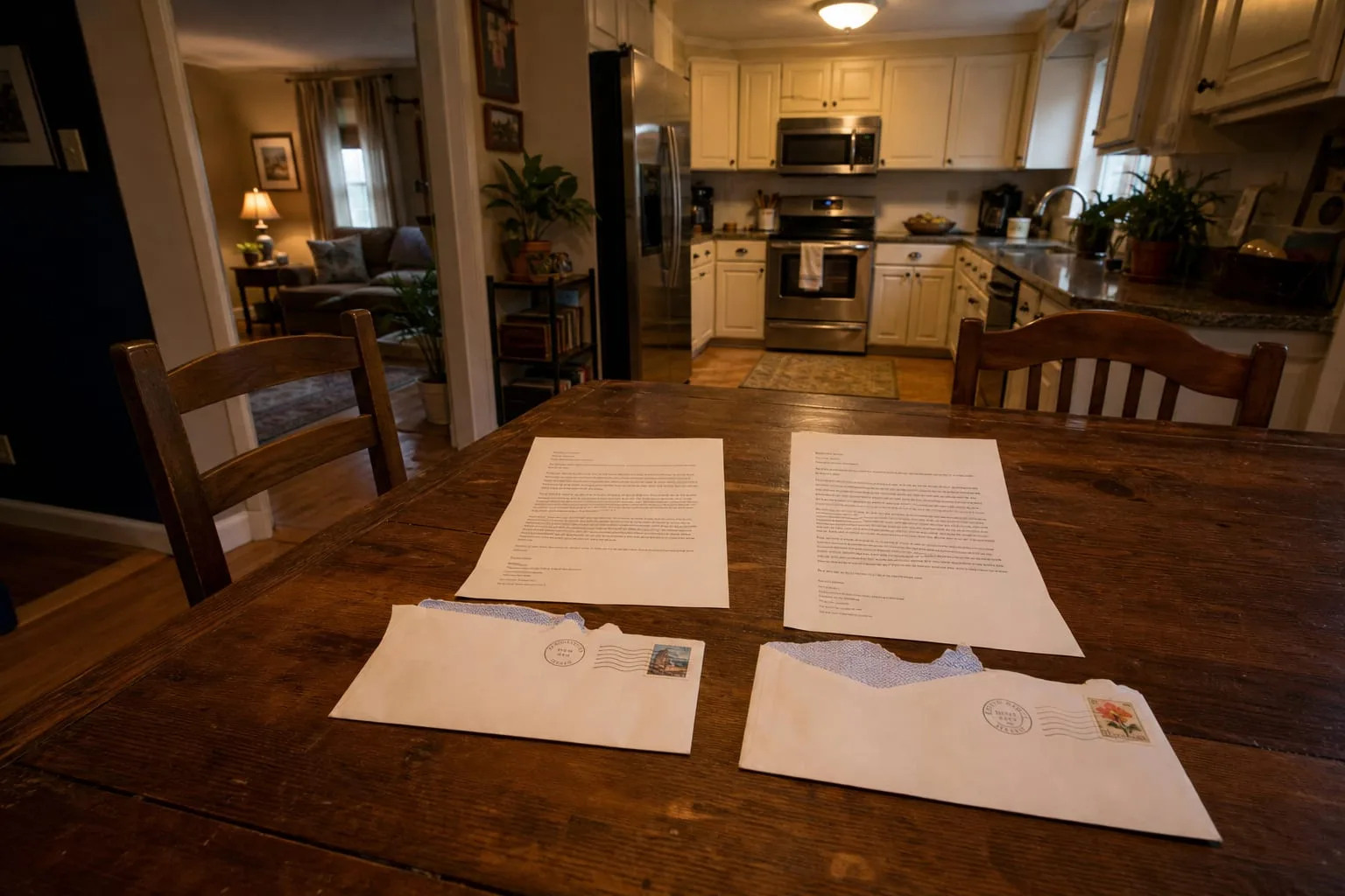 Two opened breach notification letters from the same company laid side by side on a kitchen table, their text visibly different in length, with two torn enve...