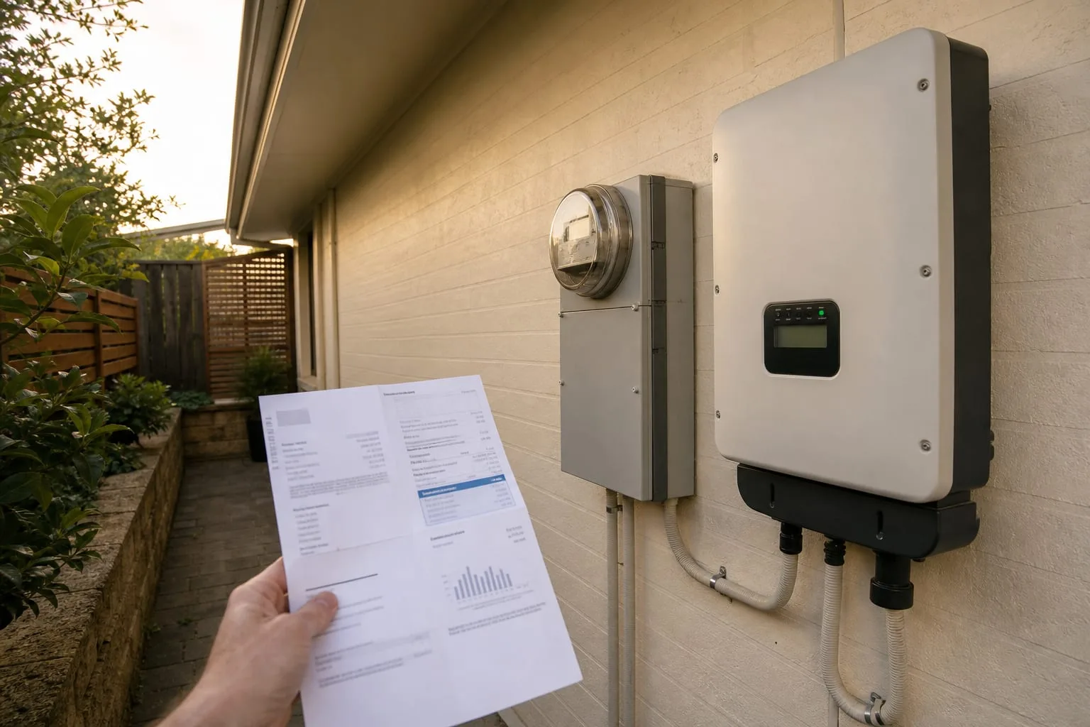 A residential utility meter and a wall-mounted solar inverter on the side of a house, with a paper electricity statement held up beside them
