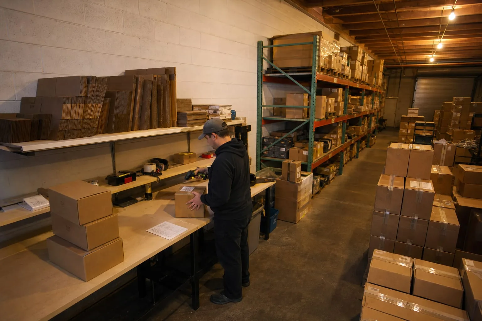 A worker at a packing station in a small third-party warehouse, scanning a barcode on a boxed item beside stacked shipping cartons and a printed packing slip