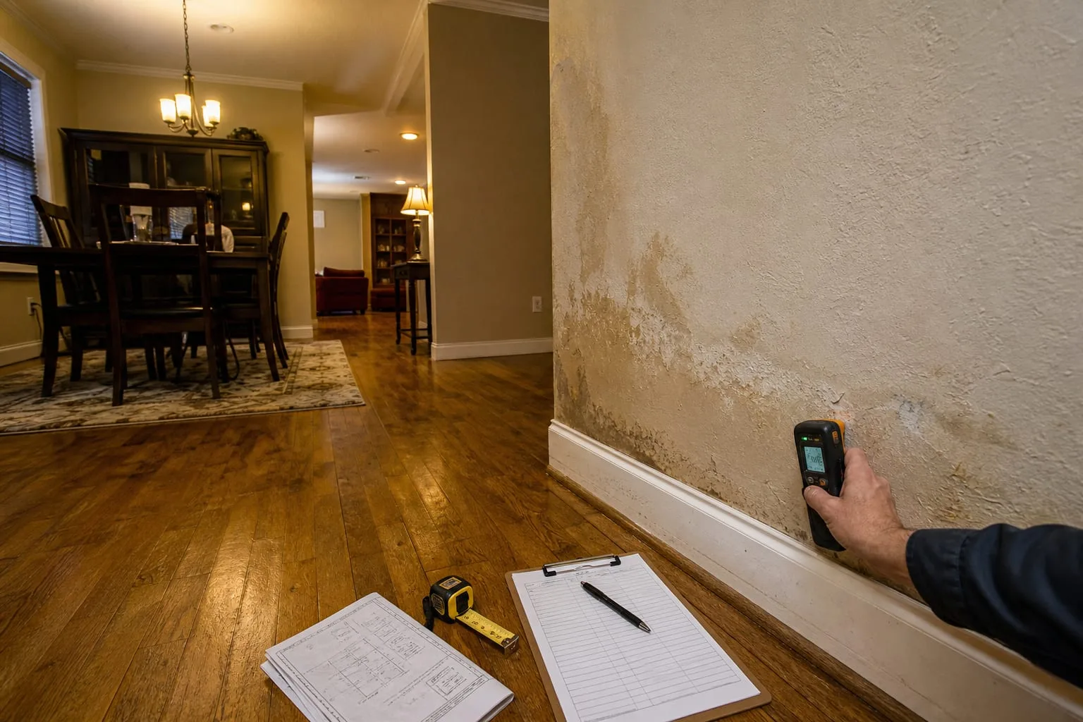 A moisture meter pressed against a baseboard beside a water-stained wall, with a clipboard, a tape measure and a folded permit document on the floor nearby
