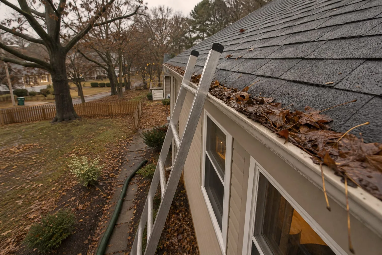 A residential roof edge in late fall with a ladder leaning against clogged gutters full of wet leaves, downspout extension visible on the ground below