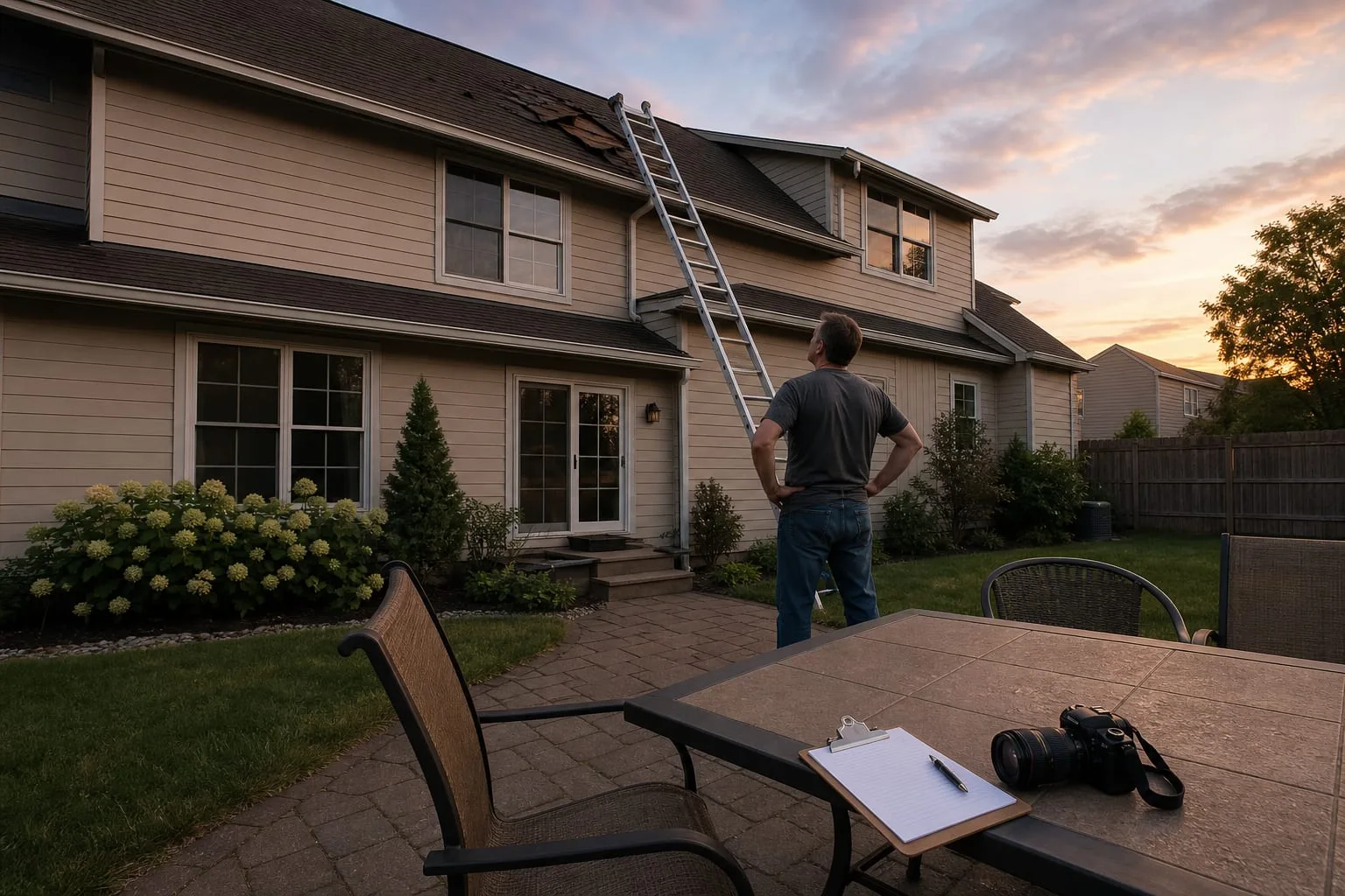 A homeowner standing in a backyard looking up at a two-story house roof with a section of shingles visibly displaced, an extension ladder leaning against the...