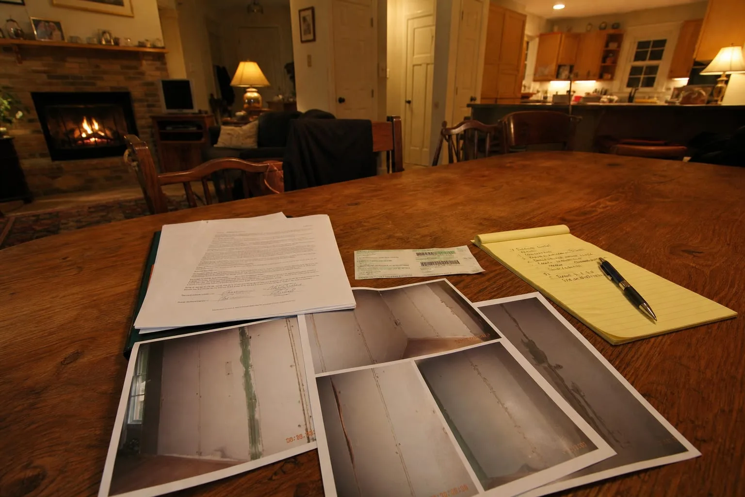 A homeowner's dining table covered with a signed construction contract, dated photographs of a defective wall, a certified mail receipt and a legal pad listi...