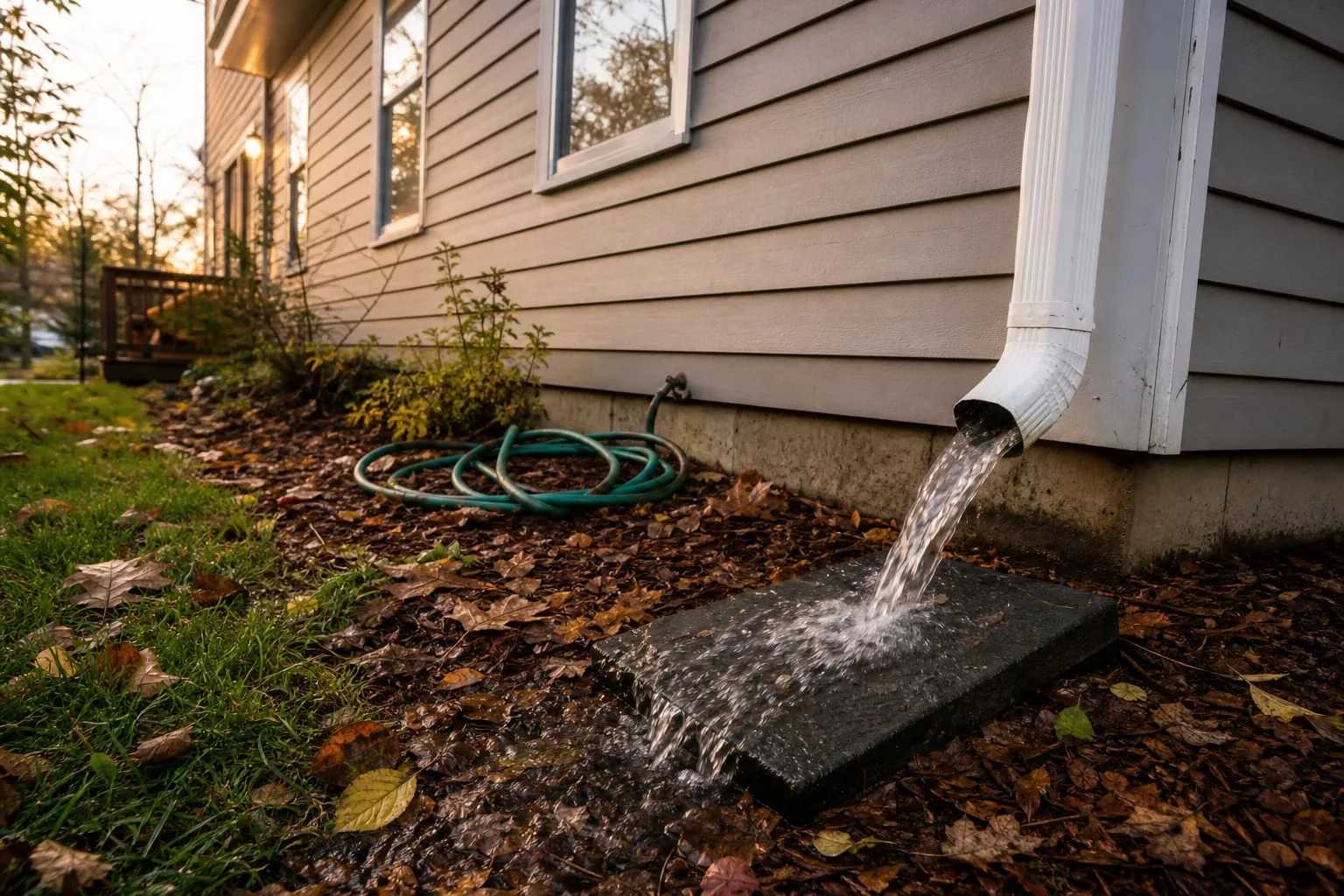 A downspout outlet at the base of a house discharging a full stream of water onto a splash block, with fallen leaves and a garden hose visible nearby