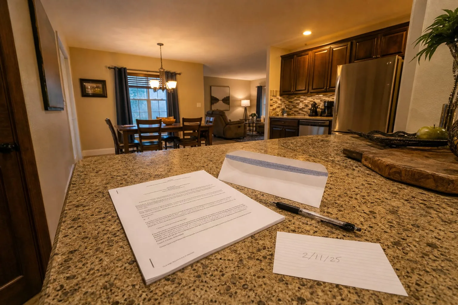 A stapled court summons and complaint packet lying on a kitchen counter next to an opened envelope, a pen, and a handwritten index card with a date on it