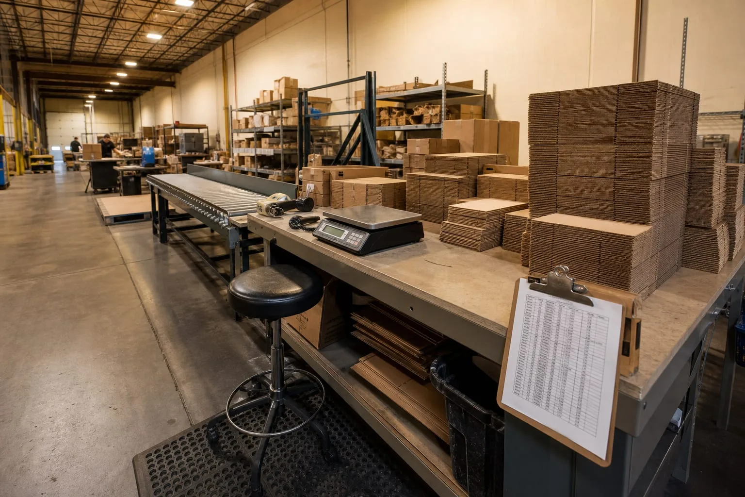 A warehouse pack station with a conveyor, stacks of flat corrugated cartons in several sizes, a parcel scale, and a printed rate sheet clipped to the bench