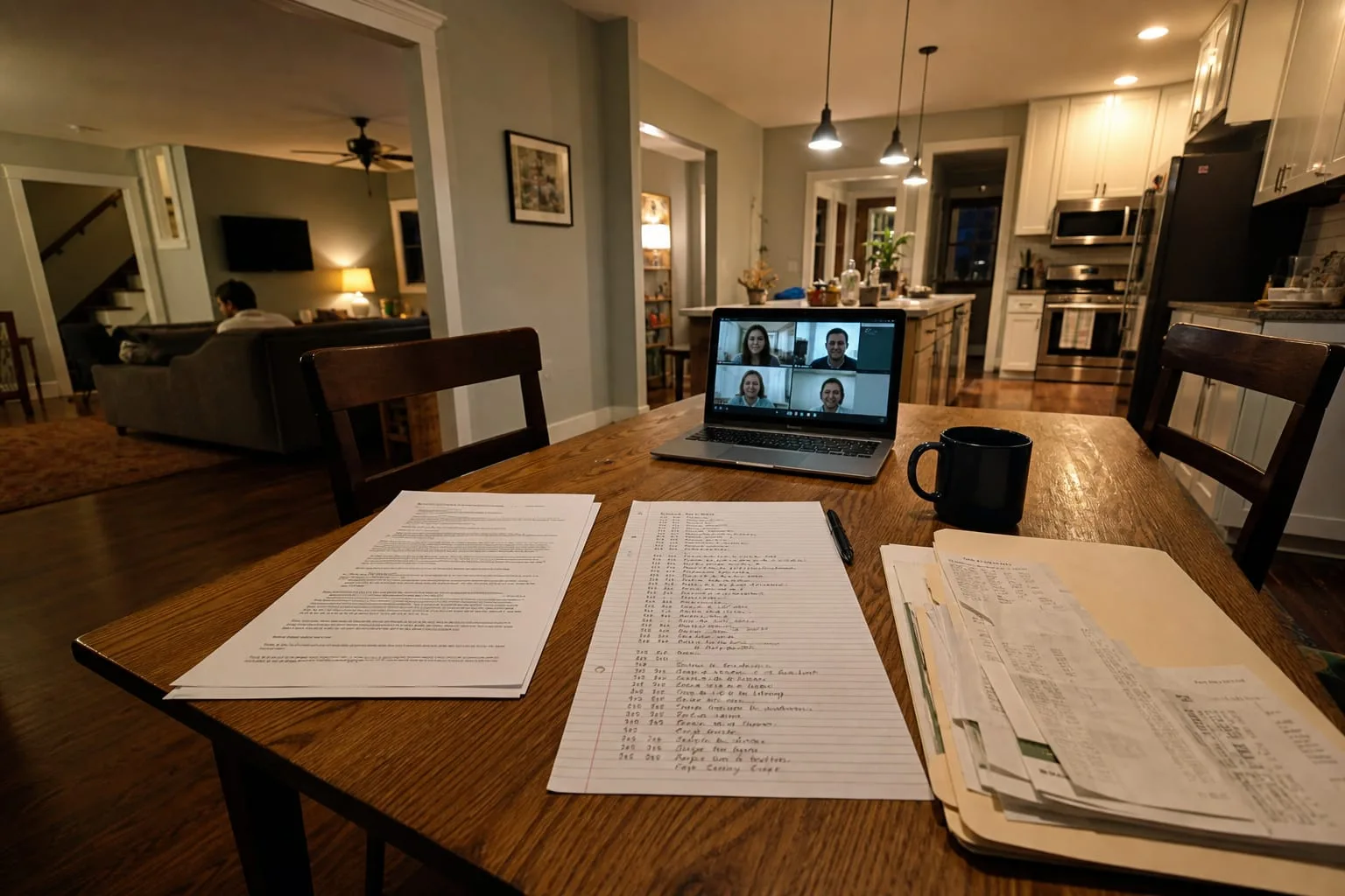 A kitchen table with a printed contract, a handwritten dated timeline on lined paper, a folder of receipts, and a laptop showing a video call window