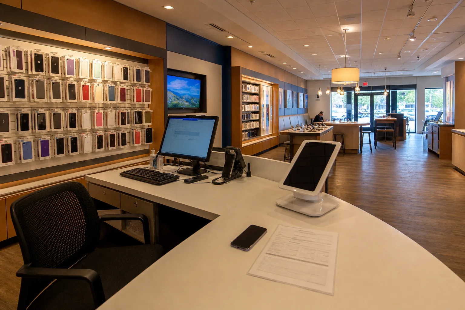 A mobile phone carrier retail counter with a service representative's workstation, a tablet on a stand, and a customer's phone lying on the counter beside a...