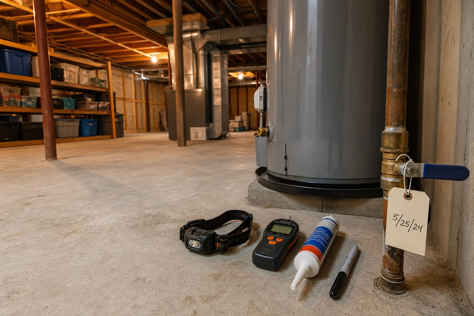 A household maintenance kit laid out on a basement floor beside a water heater: a headlamp, a small handheld moisture meter, a tube of silicone caulk, a perm...