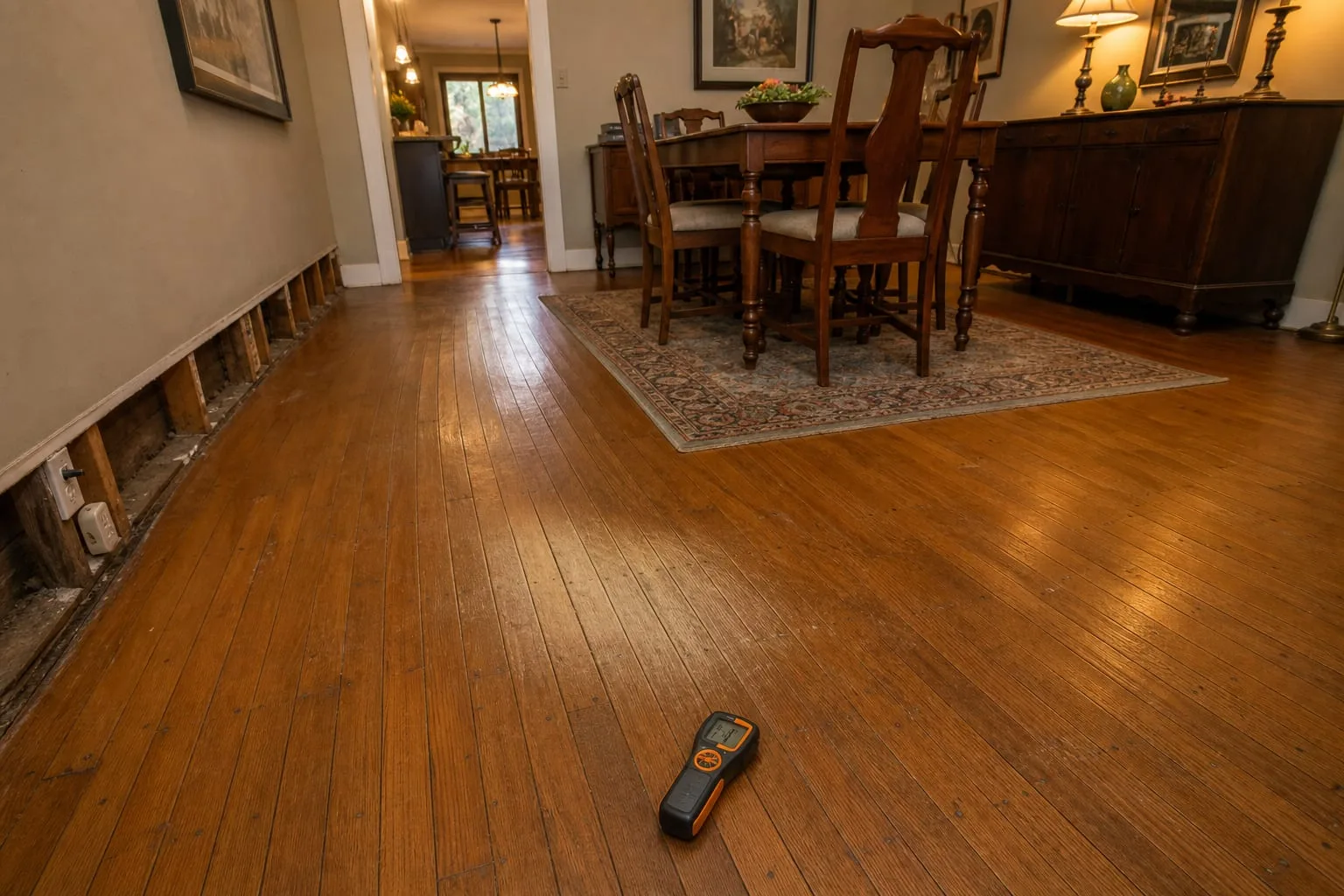 A dining room with hardwood flooring visibly cupped in a band across the middle, baseboard removed along one wall, a moisture meter resting on the boards