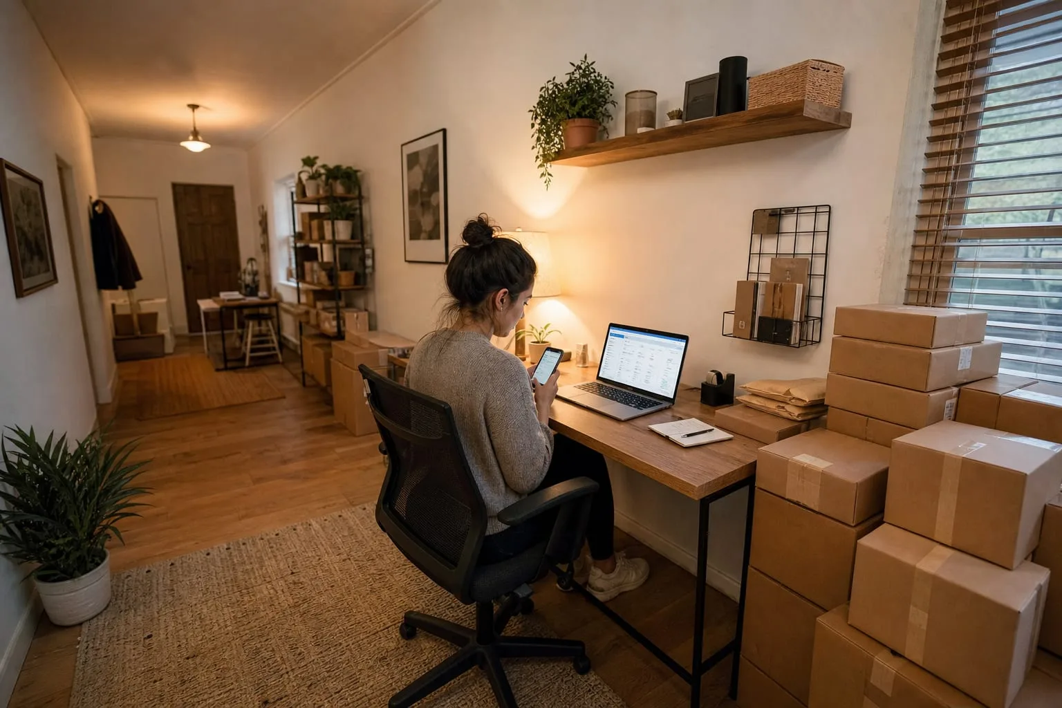 A small business owner at a desk checking a phone with parcel tracking notifications while a laptop shows an order dashboard, stacks of packed shipping boxes...