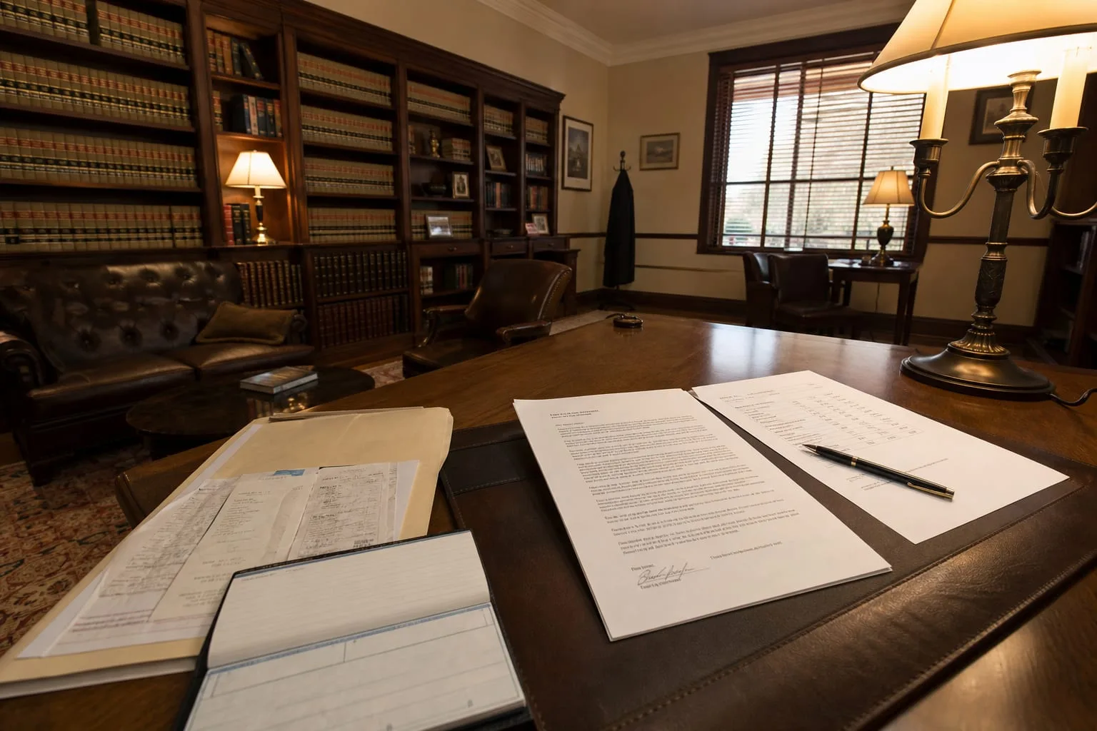 A signed attorney engagement letter on a desk beside a checkbook and a folder of receipts, with a pen resting on the fee schedule page
