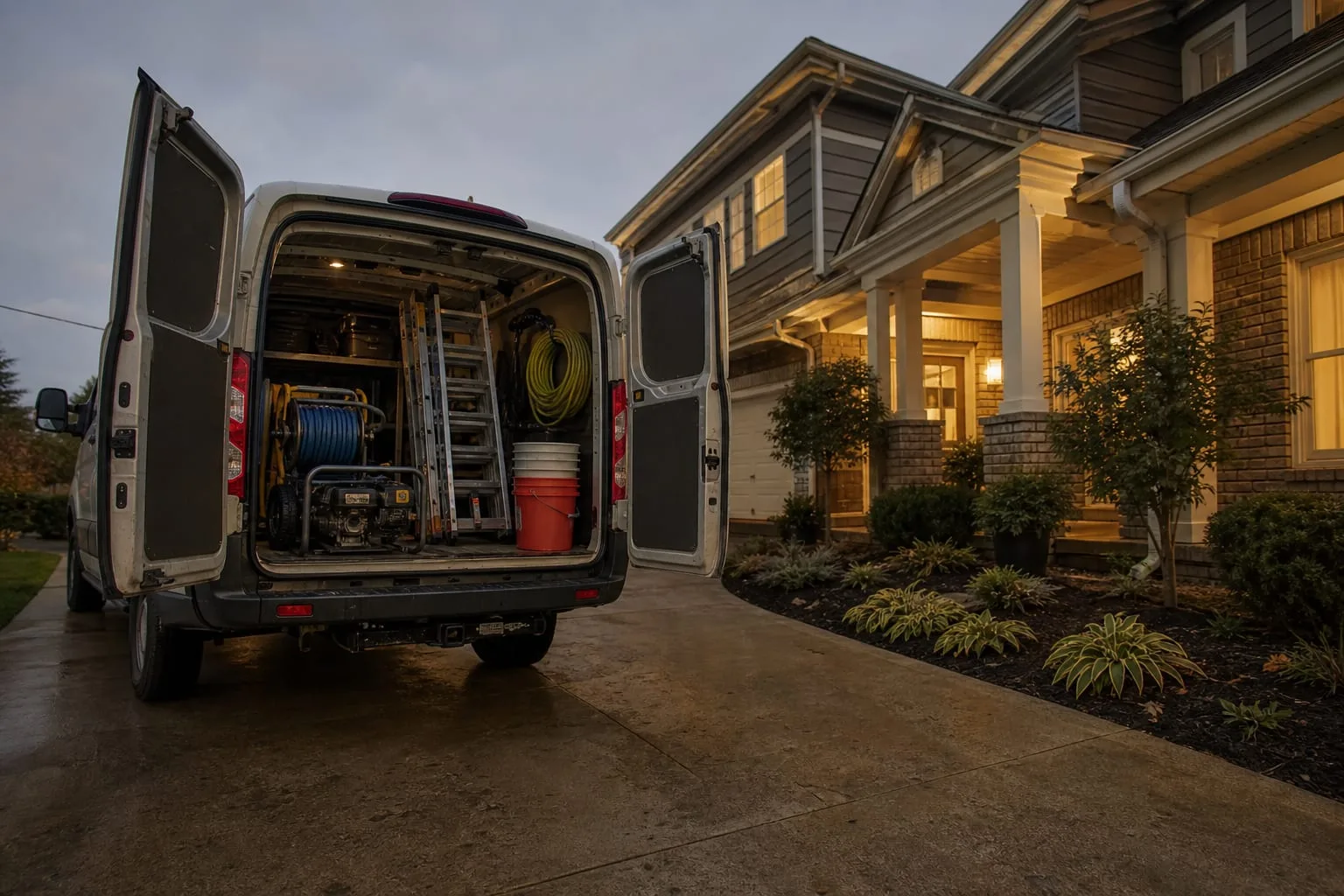 A service van parked in a suburban driveway with its rear doors open, showing a pressure washer, coiled hose, extension ladder and stacked buckets inside, ho...