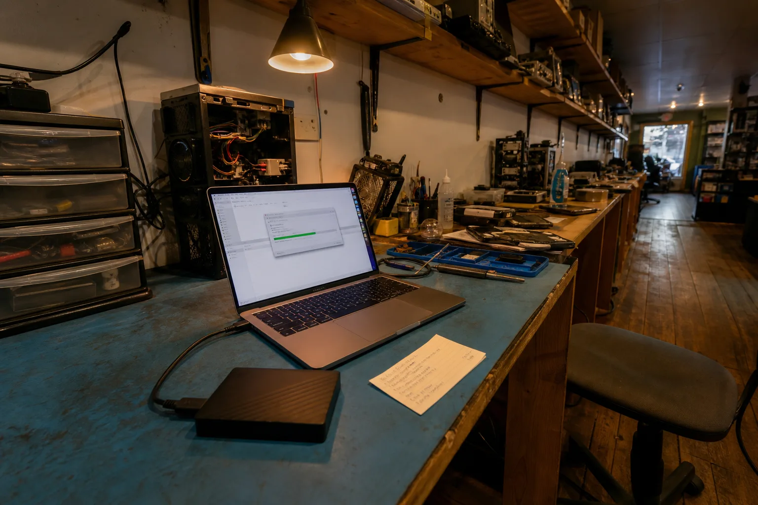 An external hard drive and a laptop on a repair shop workbench, a file restore window open on the screen, a handwritten note card with account details beside...