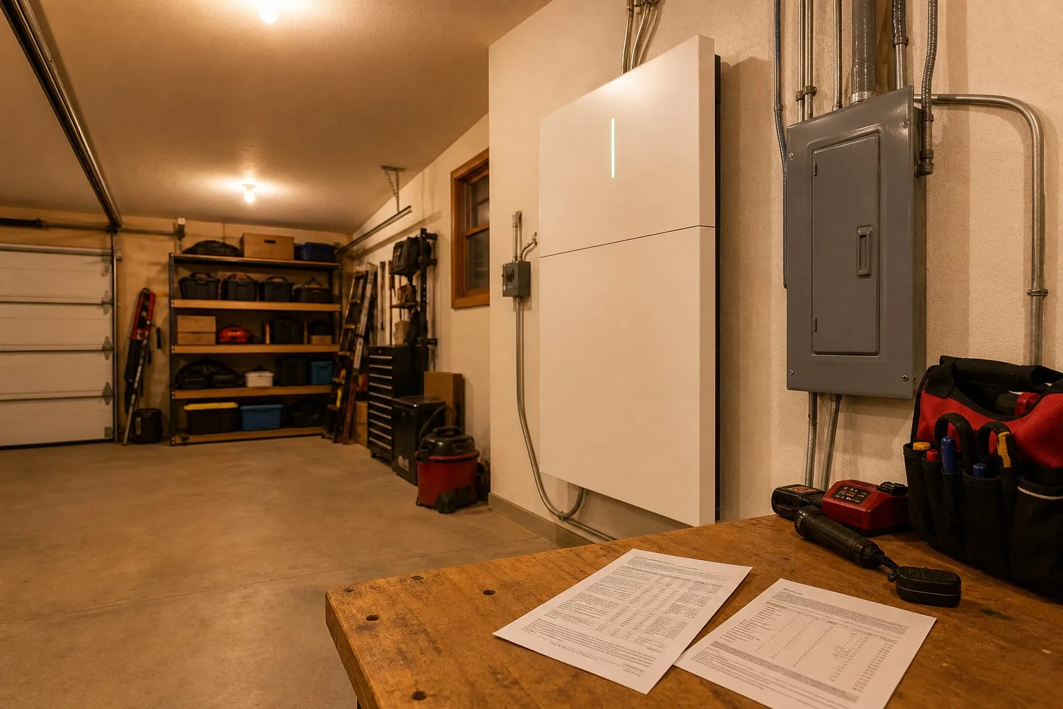 A wall-mounted residential battery storage unit in a home garage next to an electrical service panel, with a printed utility rate schedule and inspection rep...