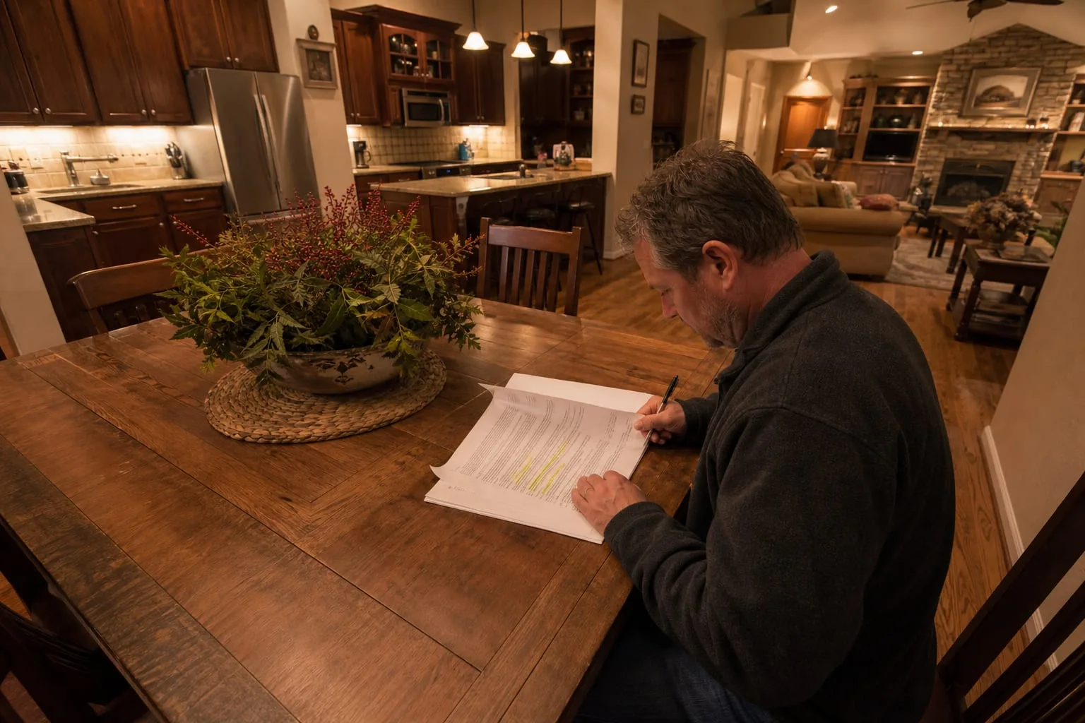 A homeowner at a kitchen table reviewing the final pages of a printed construction contract, pen in hand, with a highlighted dispute resolution paragraph vis...