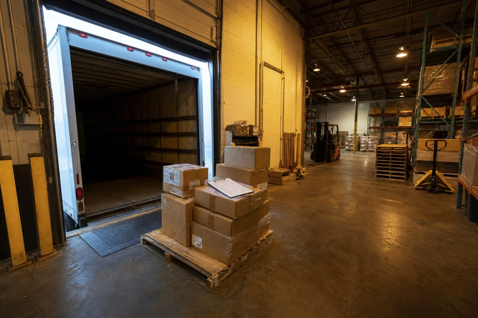 A warehouse dock door with a partially unloaded pallet of mixed cardboard cartons, a printed shipping invoice on a clipboard resting on the top carton