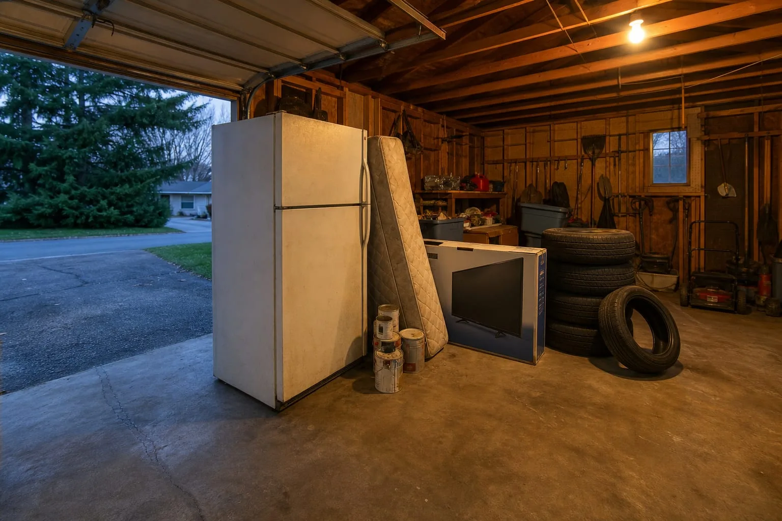A residential garage with a collection of bulky discarded household items staged near the open door: an old refrigerator, a rolled mattress, stacked paint ca...