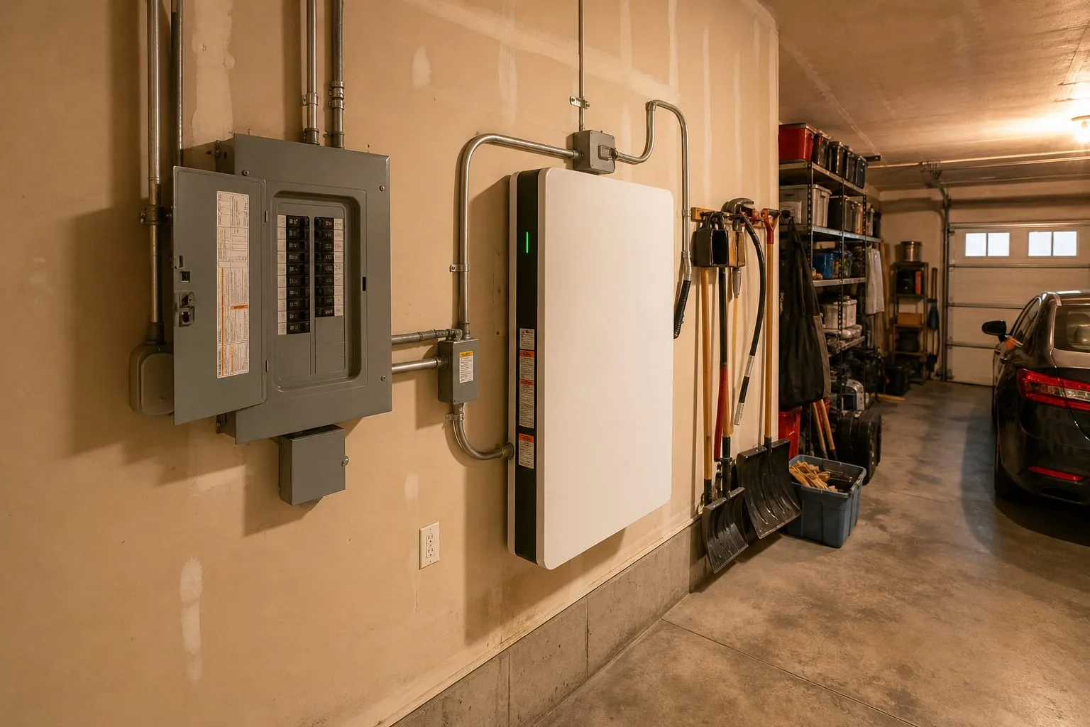 A wall-mounted residential lithium battery unit installed in a garage beside an electrical subpanel and conduit runs, with equipment labels and clearance spa...