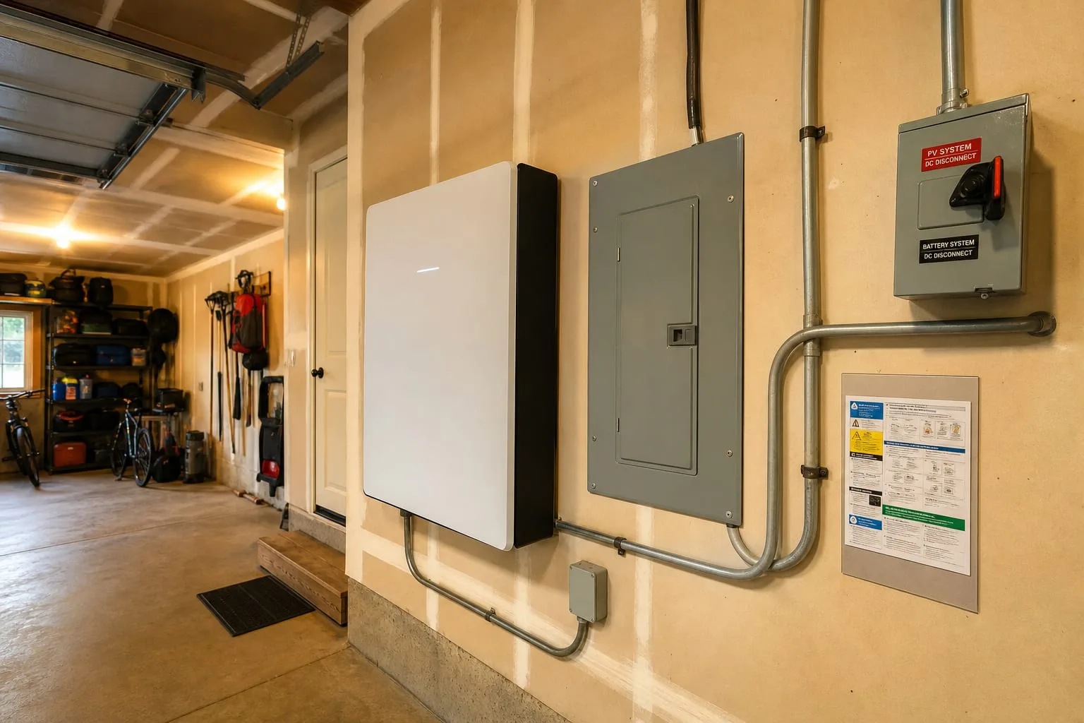 A wall-mounted residential home battery unit beside an electrical subpanel in a garage, with conduit runs, a labeled disconnect switch, and a printed placard...
