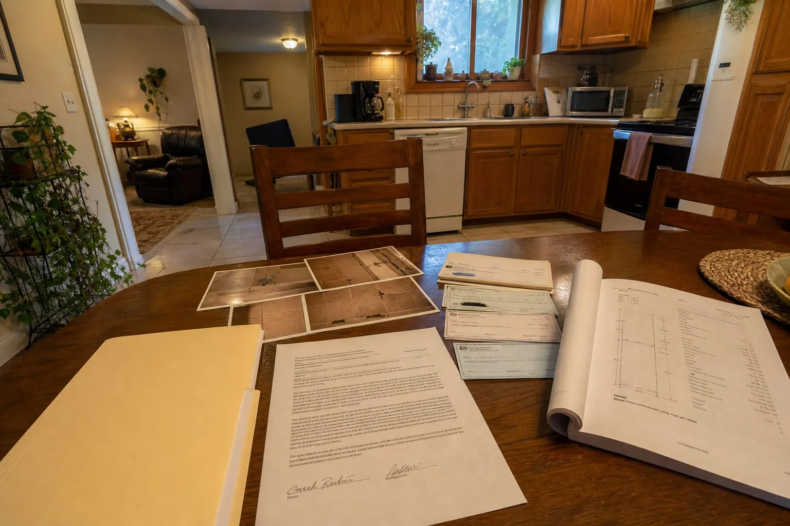 A kitchen table covered with a manila folder, a signed contract, printed photographs of damaged tile work, canceled checks, and a stapled inspection report o...
