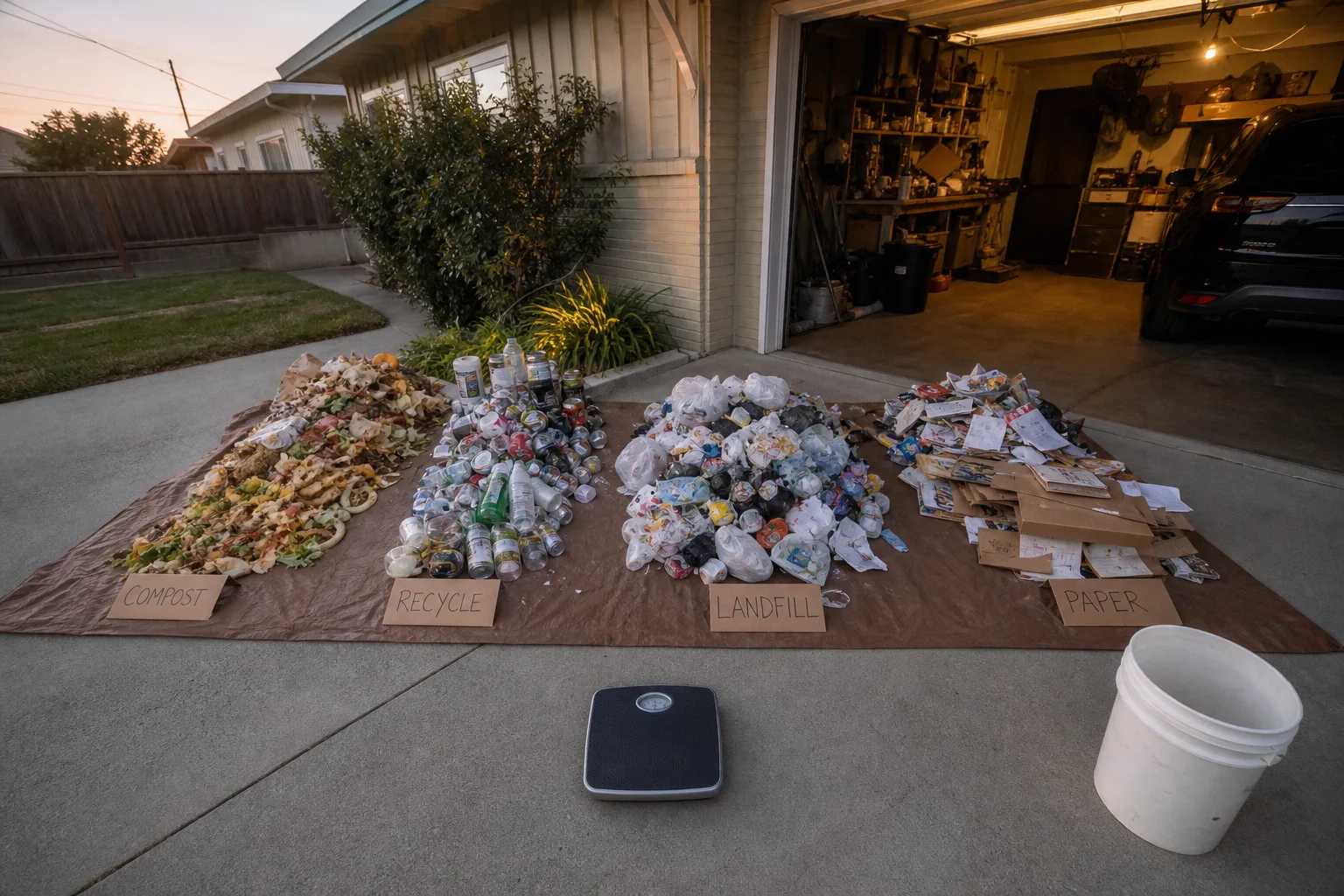 A week's worth of household kitchen trash spread out and sorted into four labeled piles on a tarp in a residential driveway, with a bathroom scale and a five...