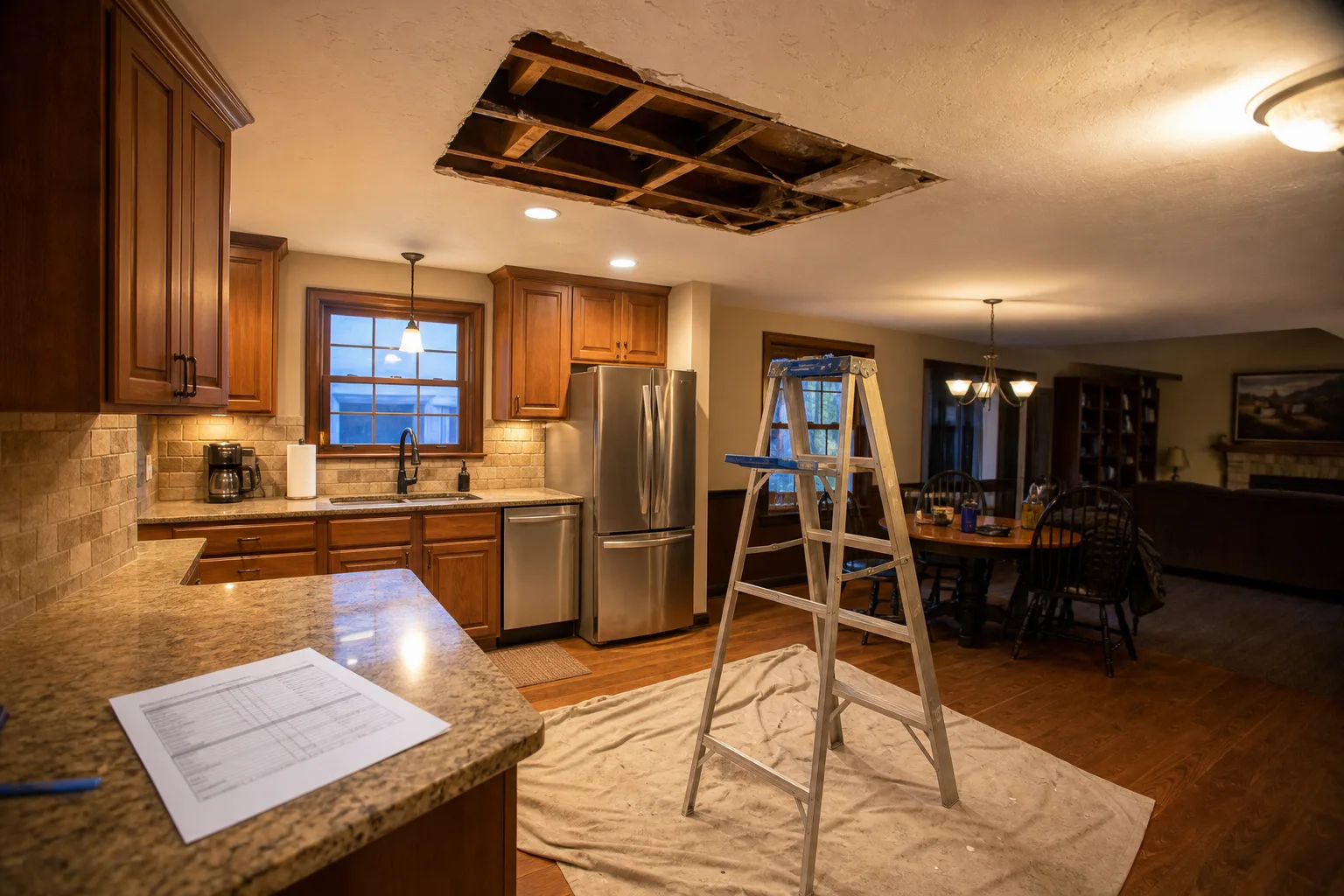 A kitchen ceiling with a section of drywall cut out after a water leak, a stepladder and a single drop cloth below, and an insurance settlement worksheet res...