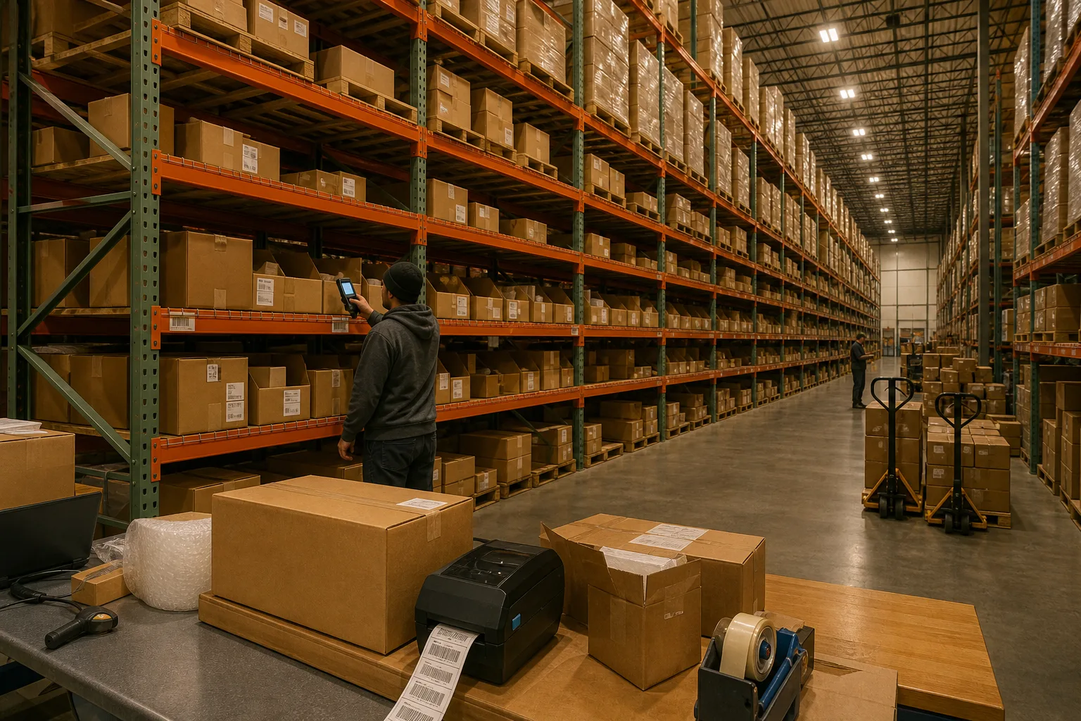 Rows of pallet racking in a third-party fulfillment warehouse with labeled cartons, a worker scanning a barcode on a shelf bin, and a packing station with bo...