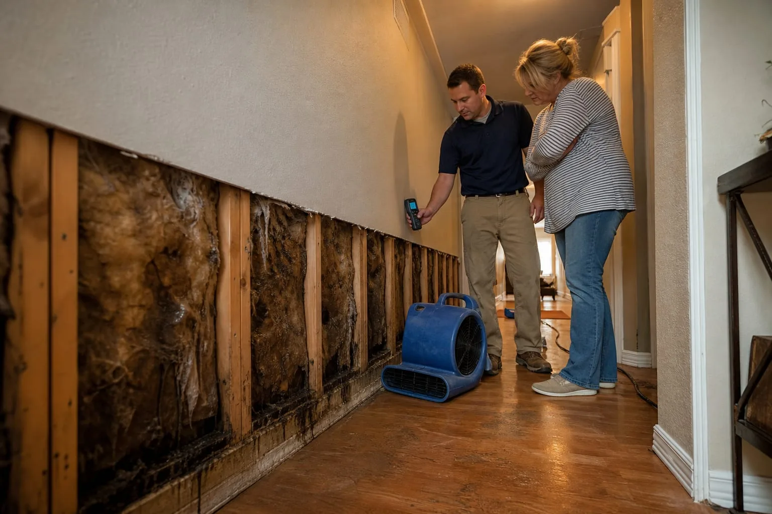 A homeowner and a technician standing in a hallway beside a wall where the lower two feet of drywall has been cut away, exposing wet insulation and framing,...